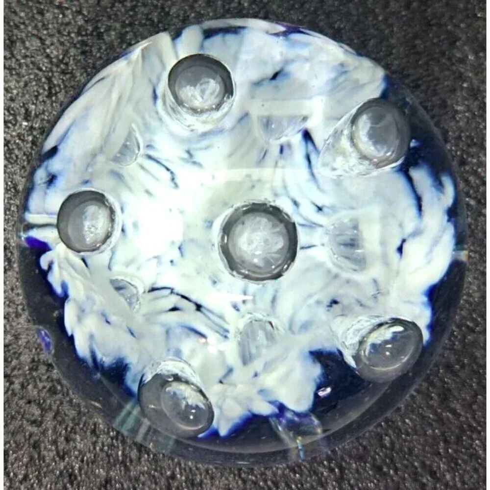 Unbranded Glass Paperweight White Blue Clear Controlled Bubbles Polished Bottom